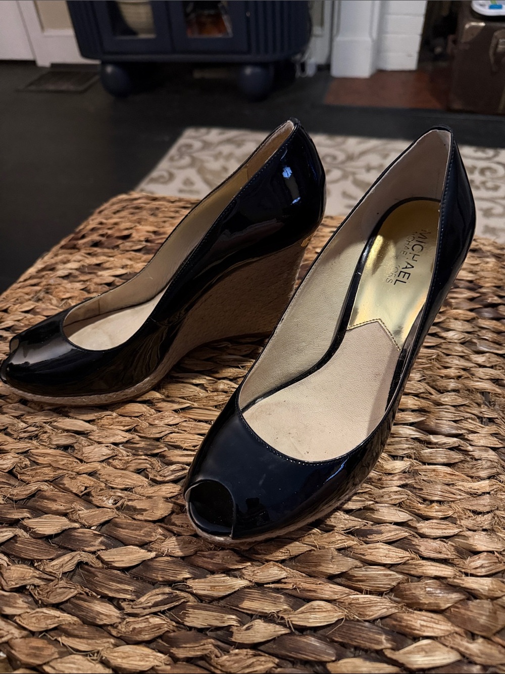 Michael Kors Black Patent Peep-Toe Wedge Heels